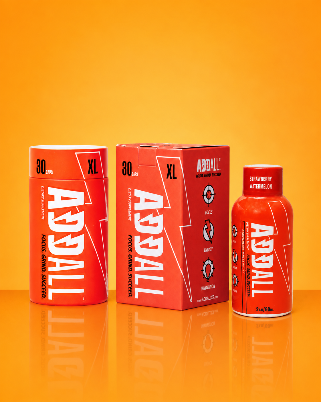 Addall Focus Flex bundle with Addall XL bottle, box, and Addall Shot