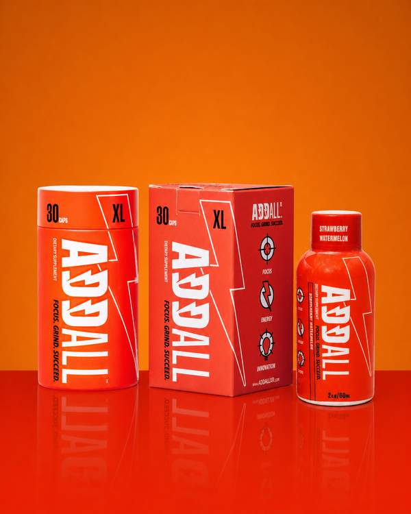 Addall Focus Flex bundle with Addall XL bottle, box, and Addall Shot